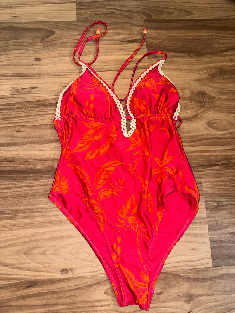 Shade & Shore Pink and Orange Tropical One-Piece with Crochet Trim